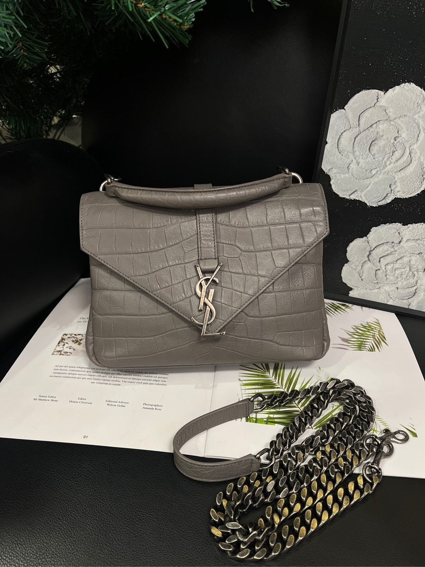 Saint Laurent Postman Crossbody Bag CrocoDiorle Embossed Elephant Gray