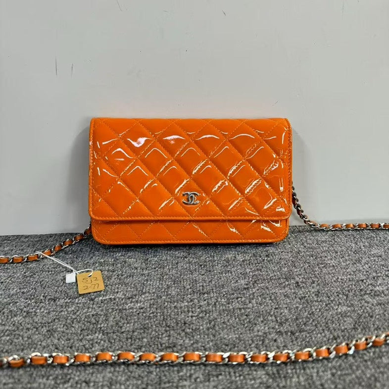 Chanel Chain Bag Patent Leather Orange Shoulder Bag