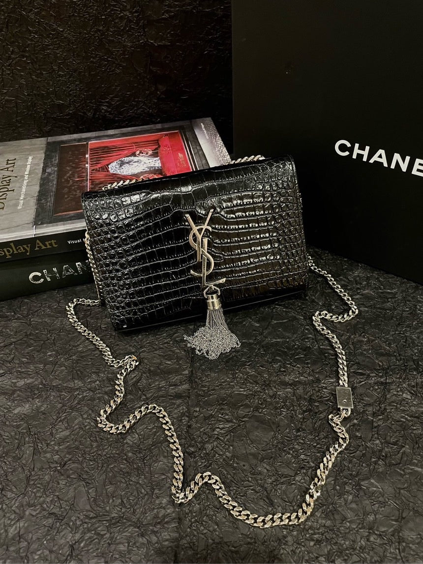 YSL Black SiLouis Vuittoner Crocodile Embossed Kate Tassel Bag Shoulder Bag