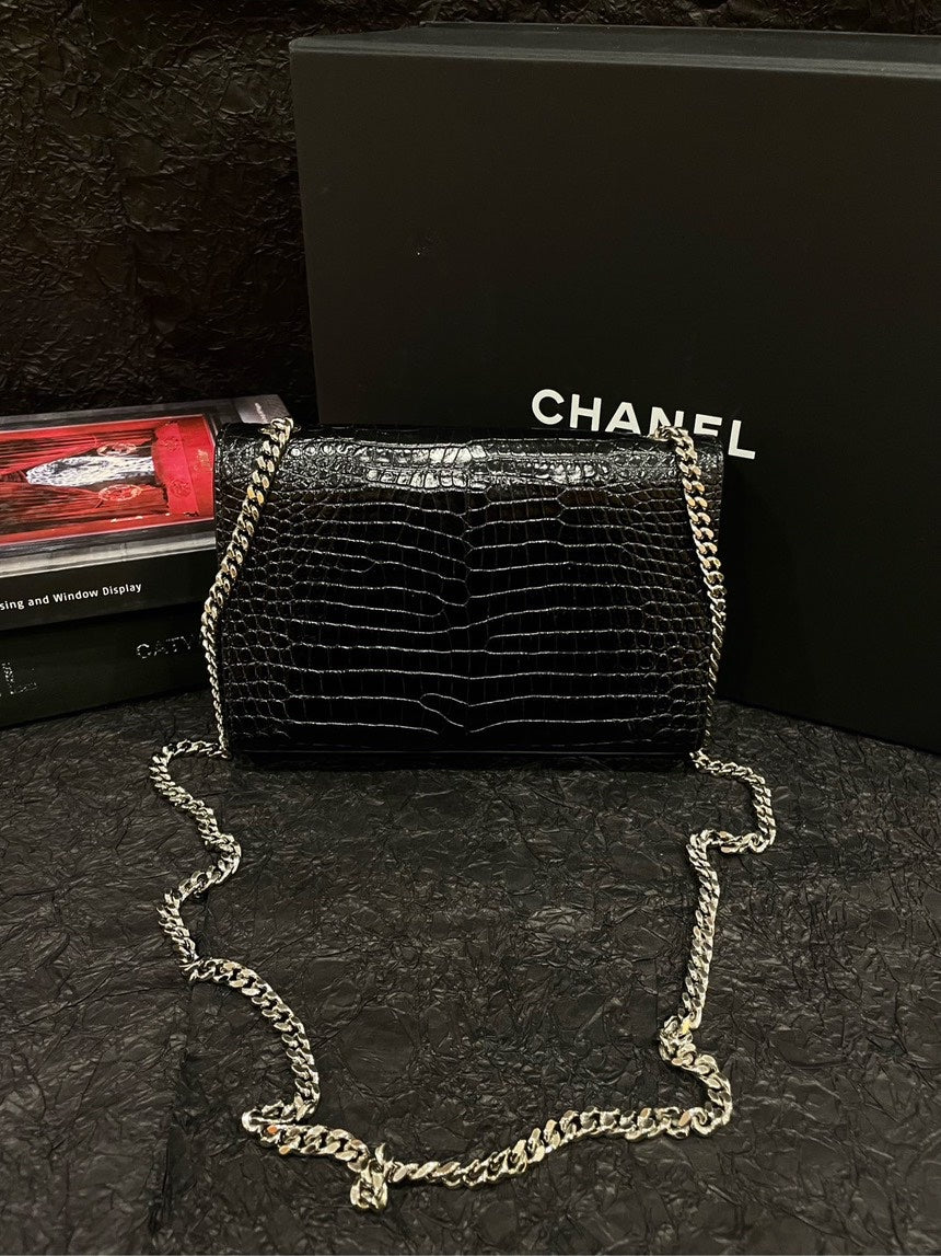 YSL Black SiLouis Vuittoner Crocodile Embossed Kate Tassel Bag Shoulder Bag