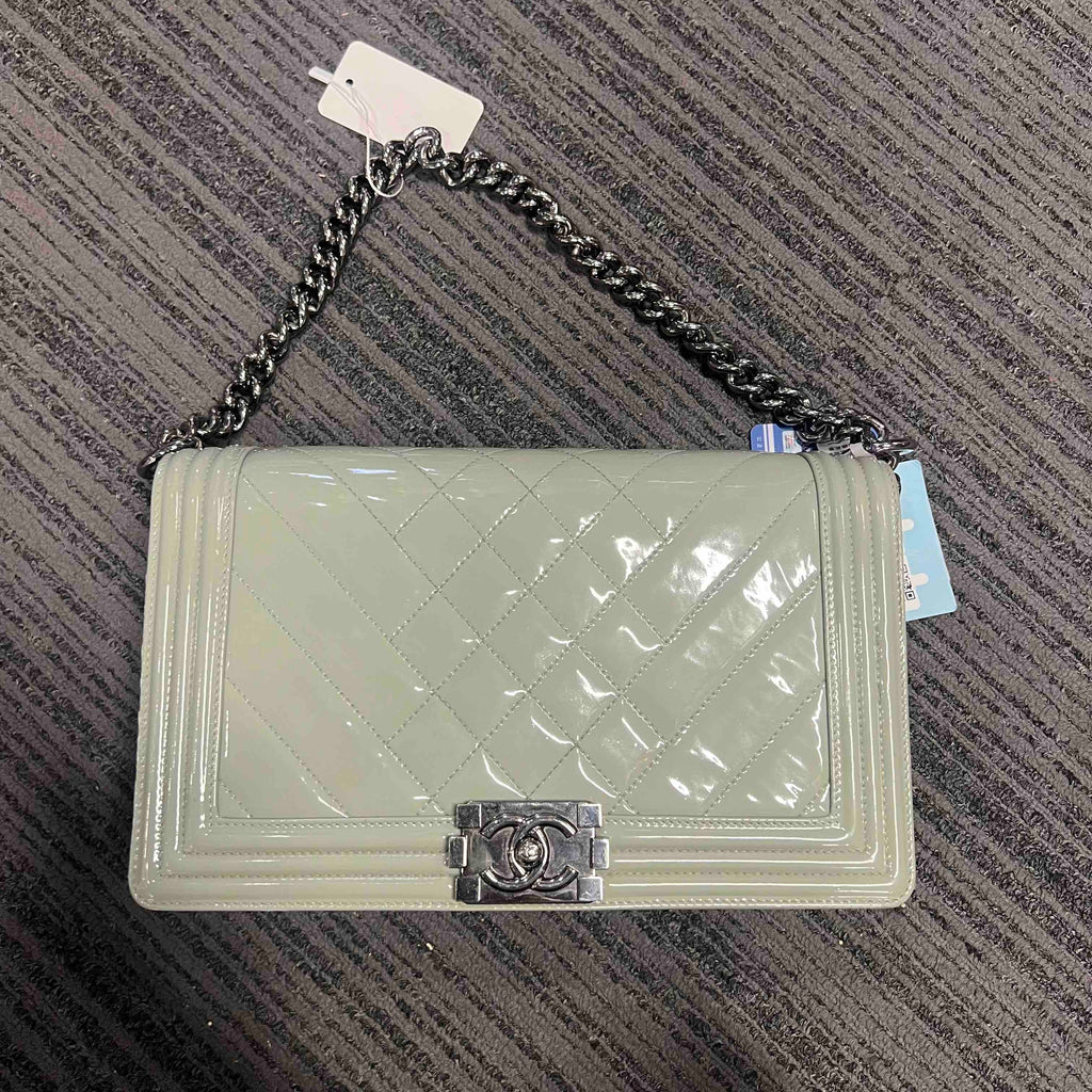 Chanel Le Boy Shoulder Bag Grey Patent Leather