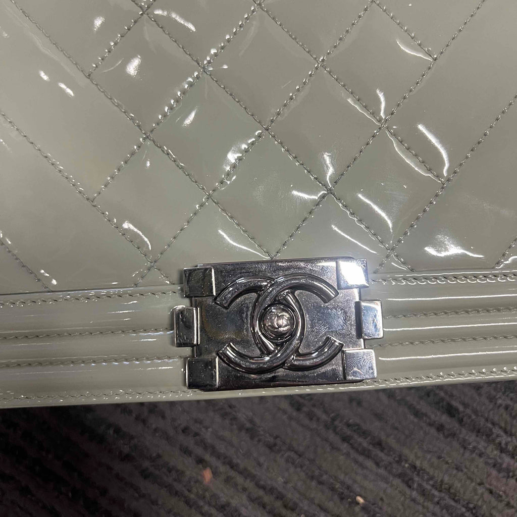 Chanel Le Boy Shoulder Bag Grey Patent Leather
