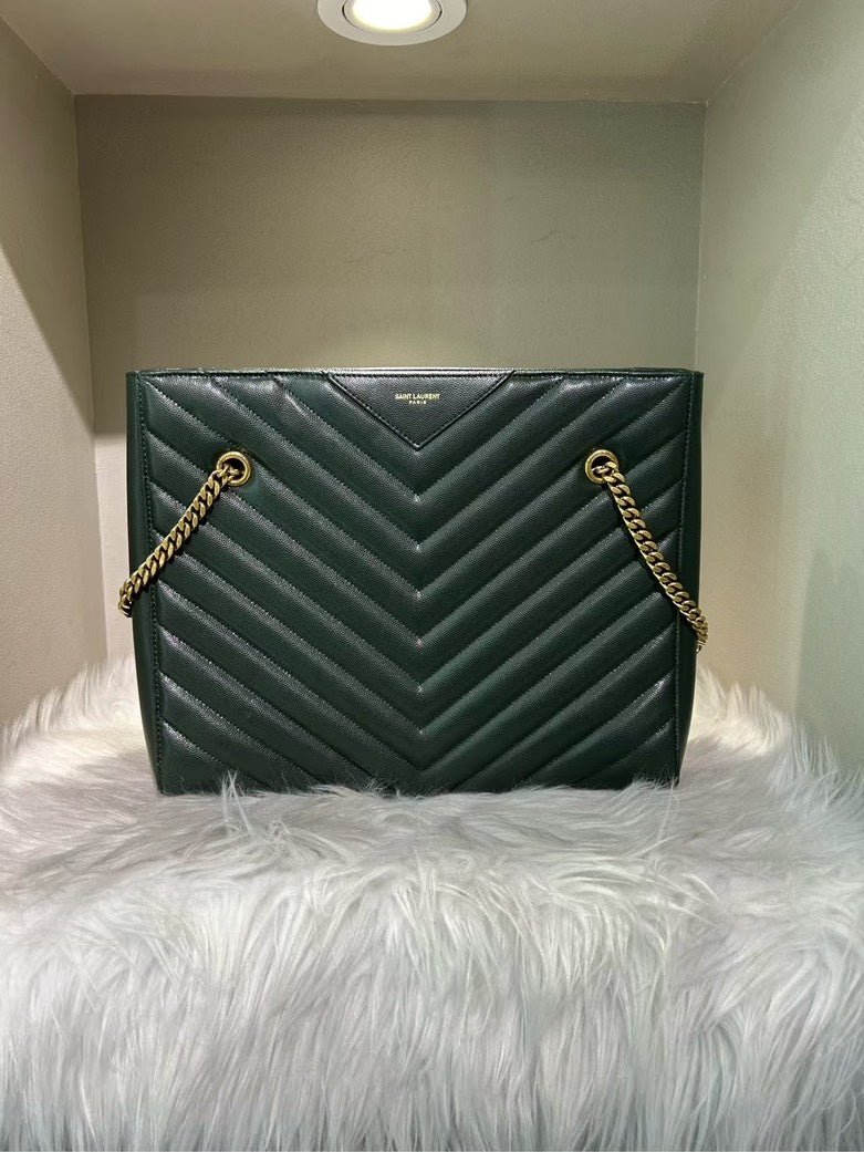 YSL Saint Laurent Large Green Leather Quilted Chain Shoulder Bag