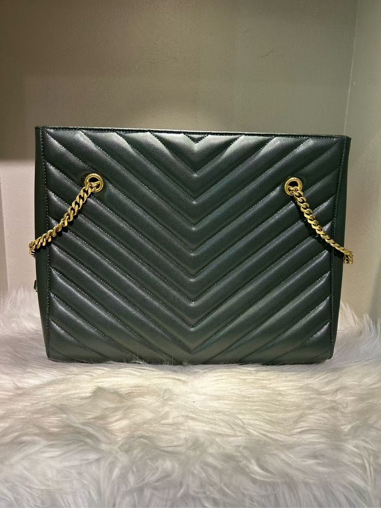 YSL Saint Laurent Large Green Leather Quilted Chain Shoulder Bag