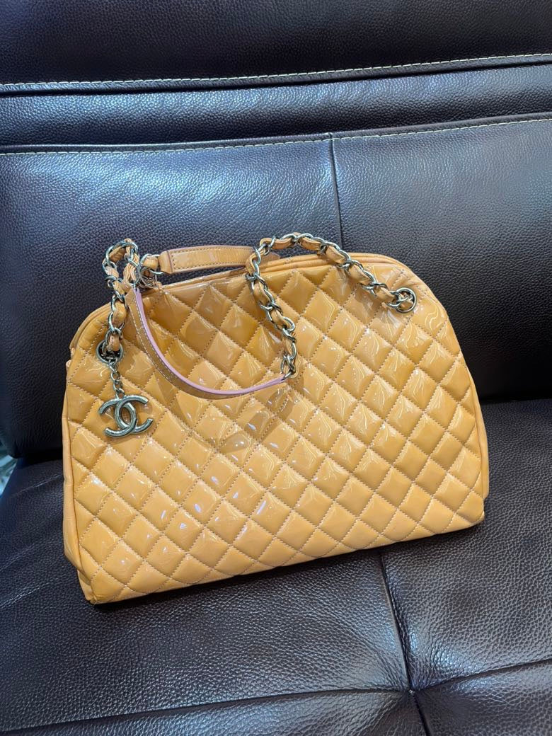 Chanel Quilted Patent Leather Tan Shoulder Bag