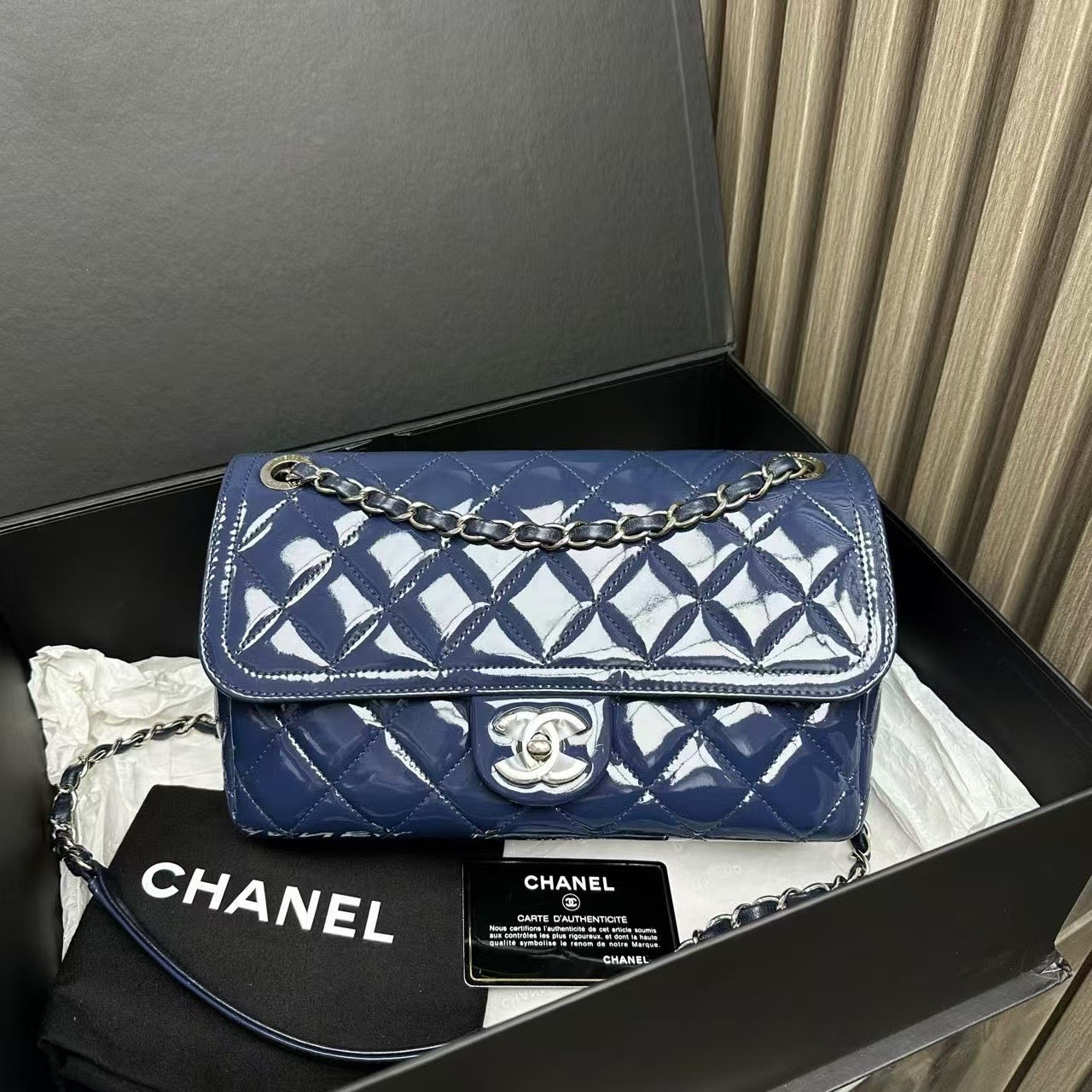 Chanel Classic Flap Blue Patent Leather Shoulder Bag