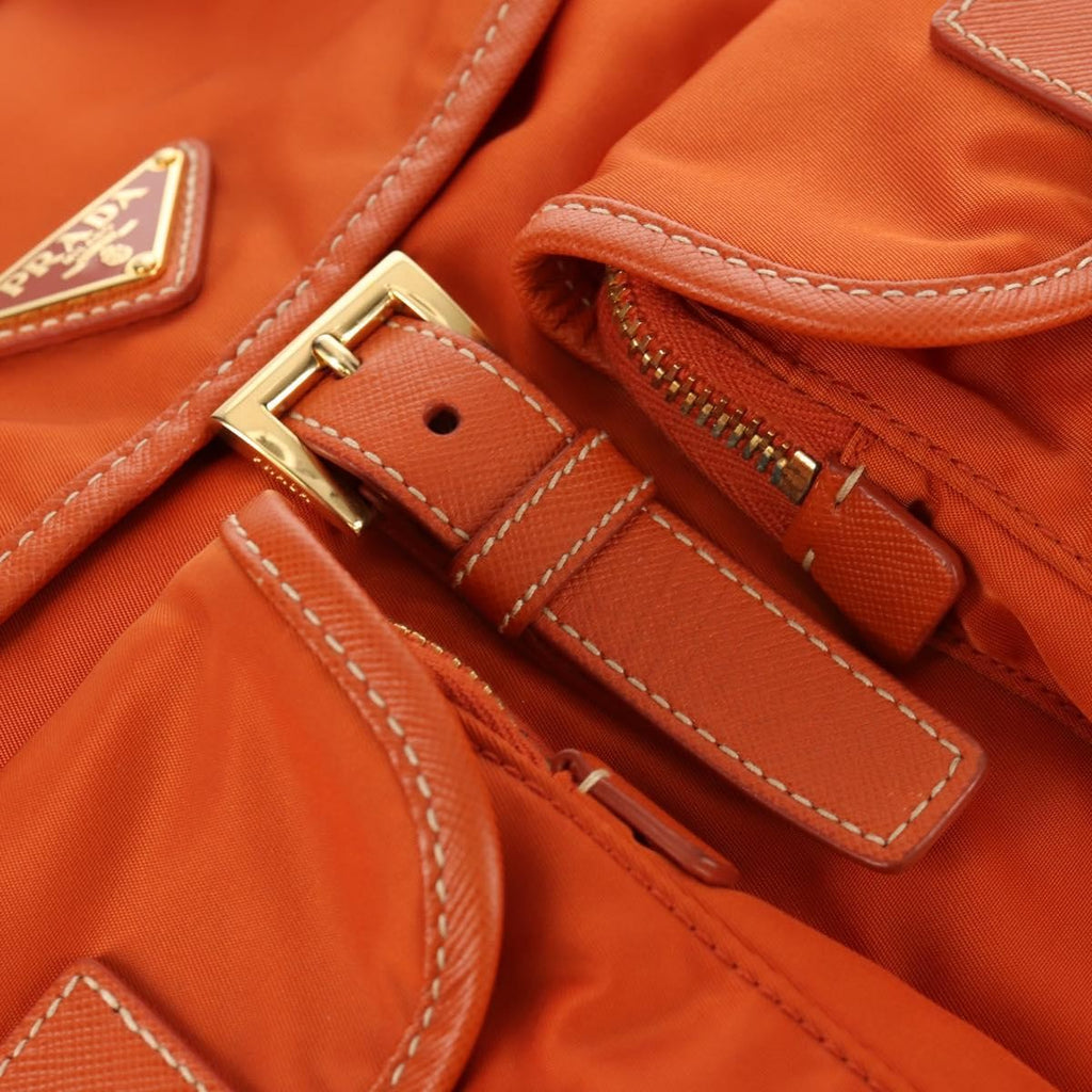 Prada Vela Double Front Pocket Backpack Tessuto With Saffiano Leather Orange Nylon Backpack Bag