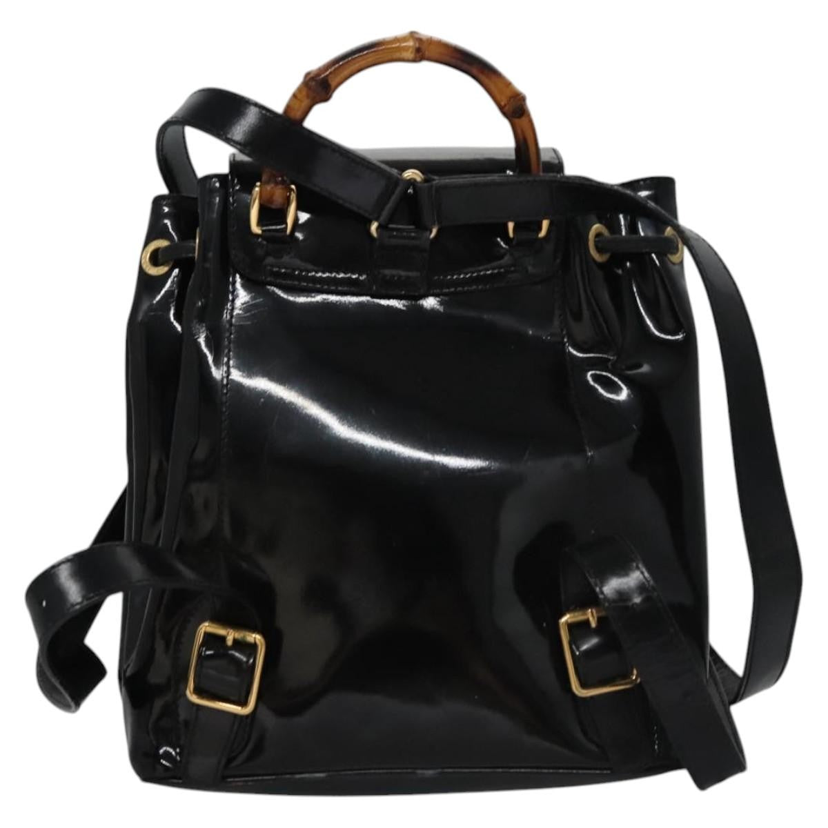 Gucci Vintage Bamboo Backpack Patent Black Patent_Leather Backpack Bag (Pre-Owned)