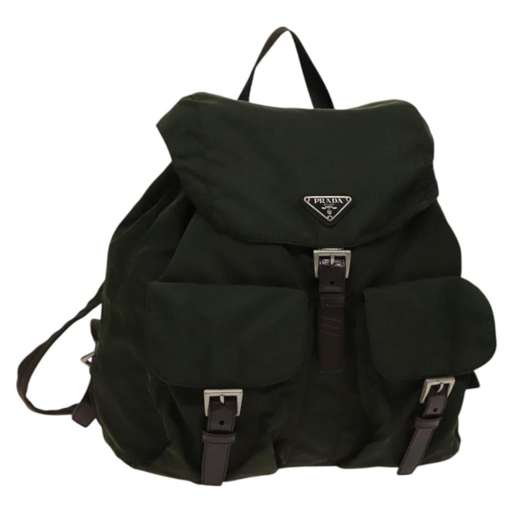 Prada Vela Double Front Pocket Backpack Tessuto With Saffiano Leather Khaki Nylon Backpack Bag
