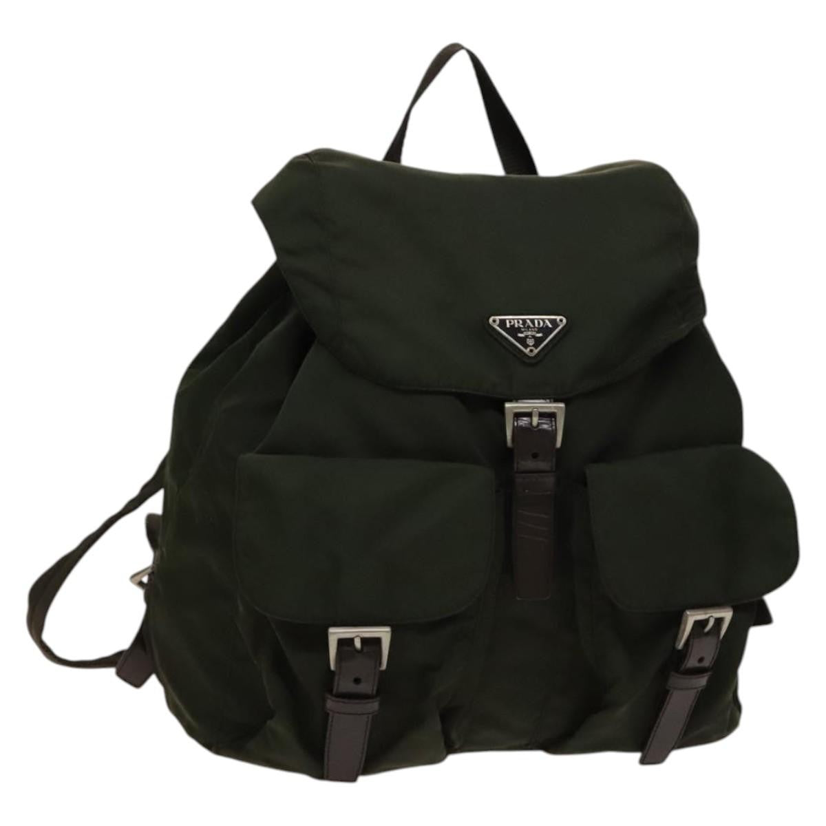 Prada Vela Double Front Pocket Backpack Tessuto With Saffiano Leather Khaki Nylon Backpack Bag