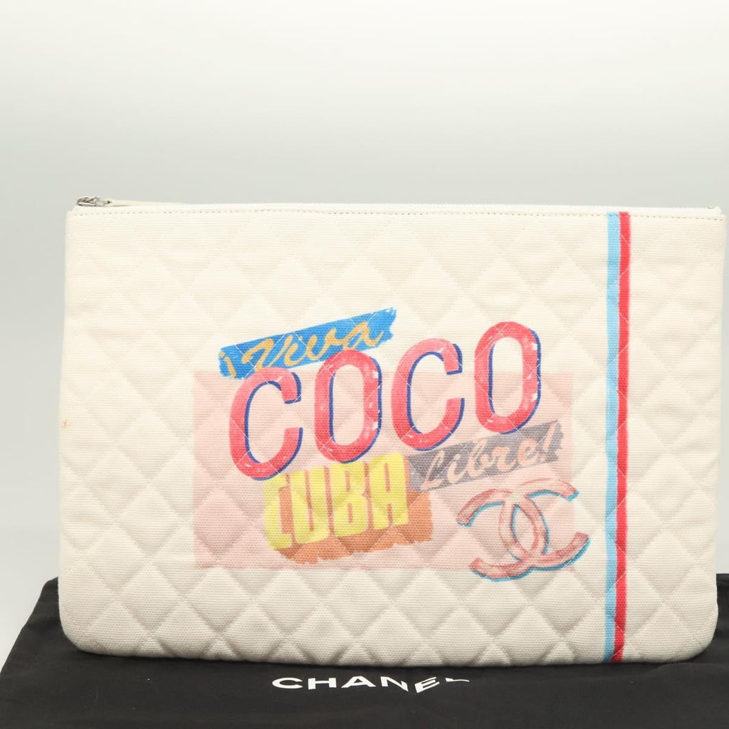 Chanel Coco Cuba Pouch Printed Quilted Canvas White Canvas Bag