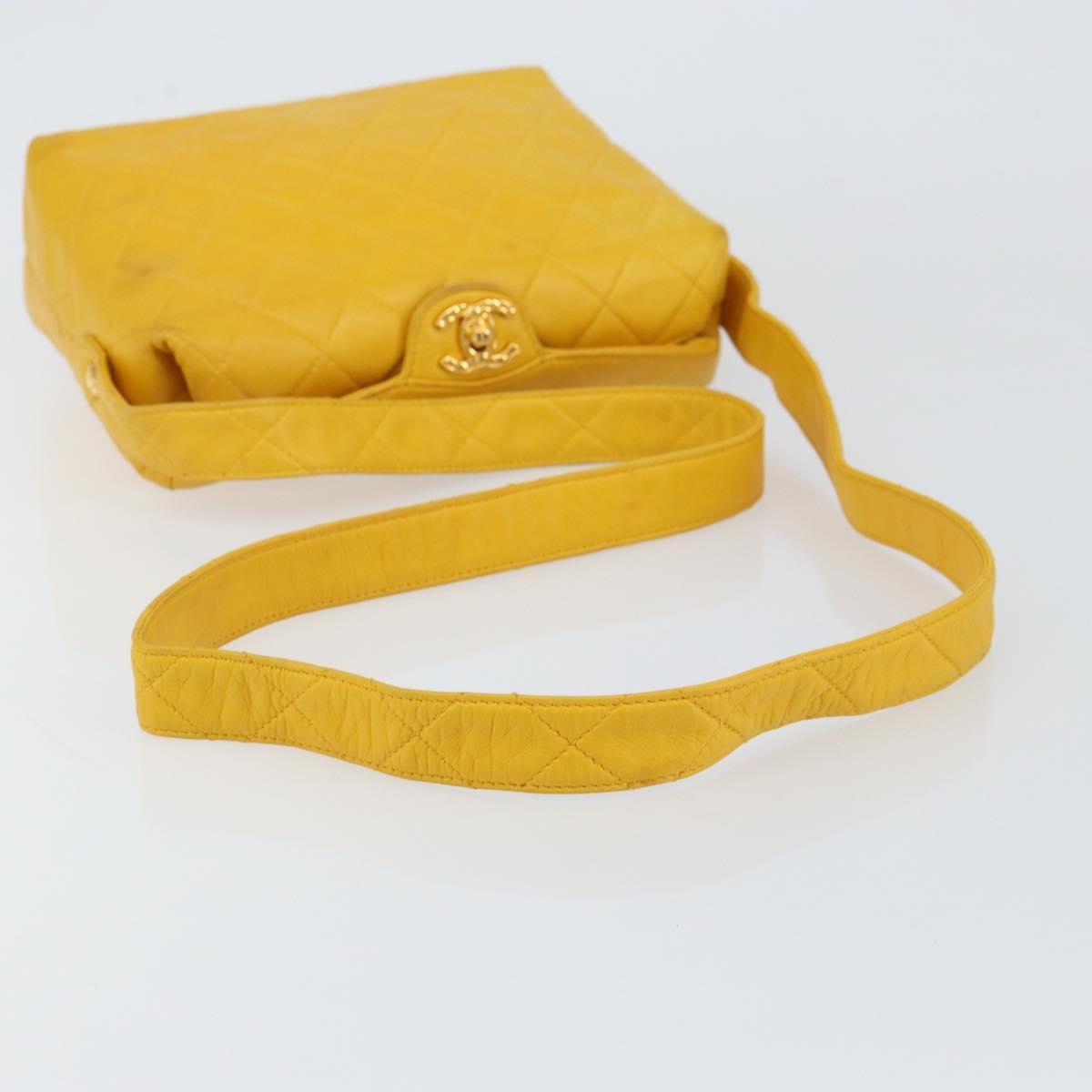 Chanel Vintage Cc Fold Over Shoulder Bag Quilted Lambskin Yellow Leather Shoulder Bag Bag