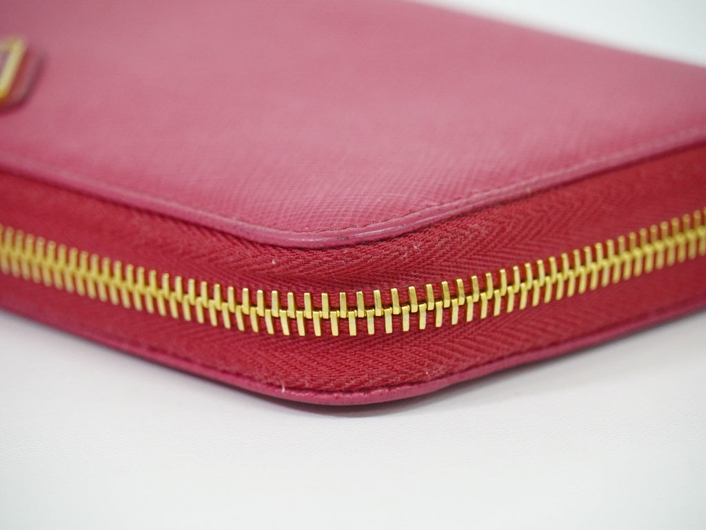 Prada Zip Around Tab Wallet Saffiano Leather Pink Leather Wallets Accessory