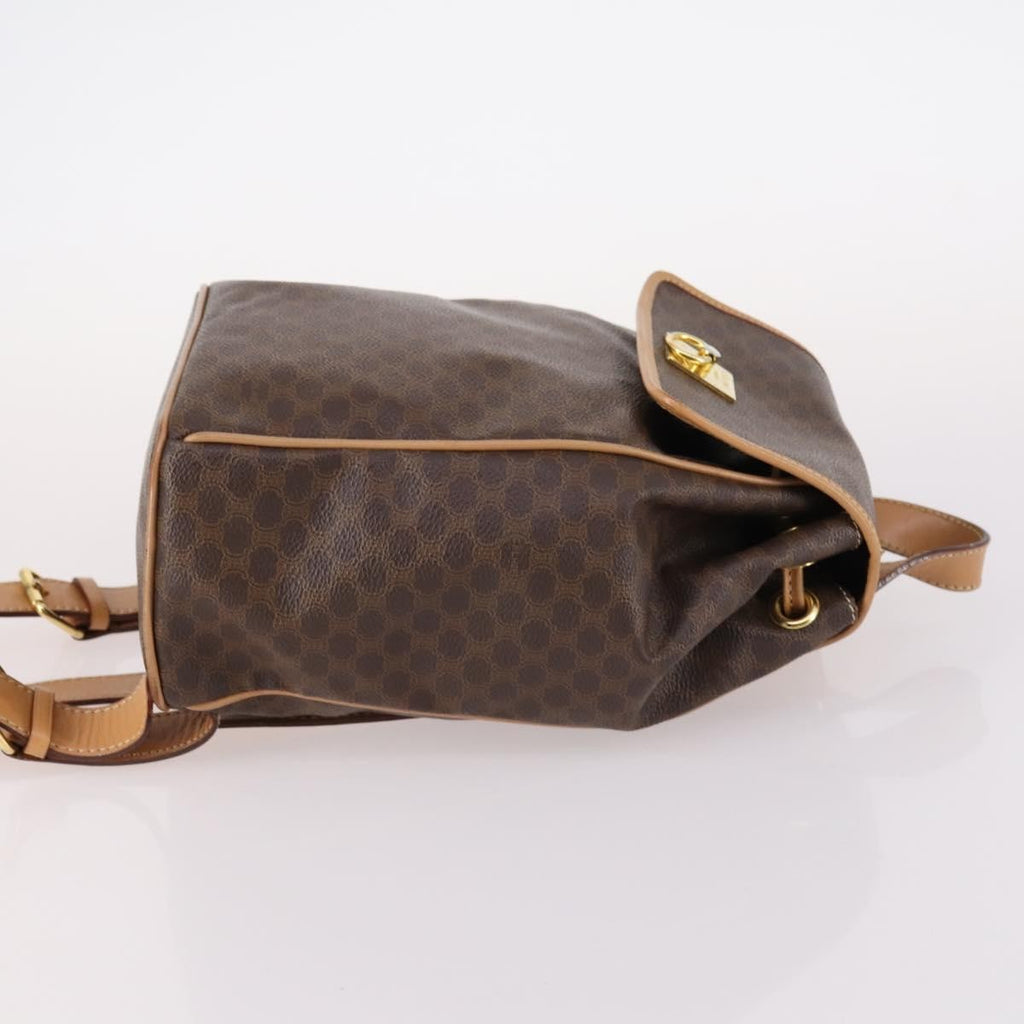 Celine Vintage Drawstring Flap Backpack Macadam Coated Canvas Brown Canvas Backpack Bag