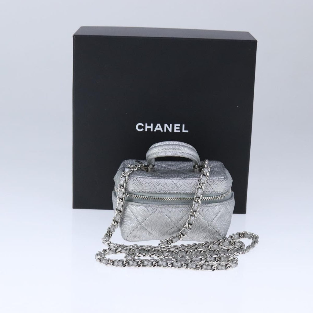 Chanel Classic Vanity Case With Chain Quilted Caviar Silver Leather Shoulder Bag Bag