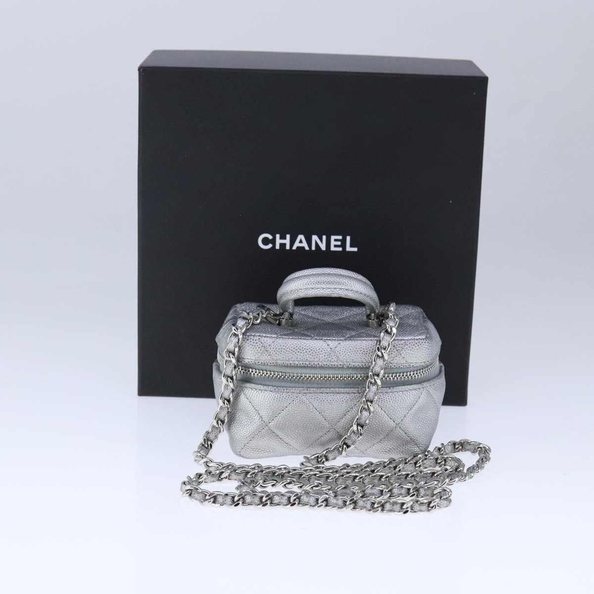 Chanel Classic Vanity Case With Chain Quilted Caviar Silver Leather Shoulder Bag Bag