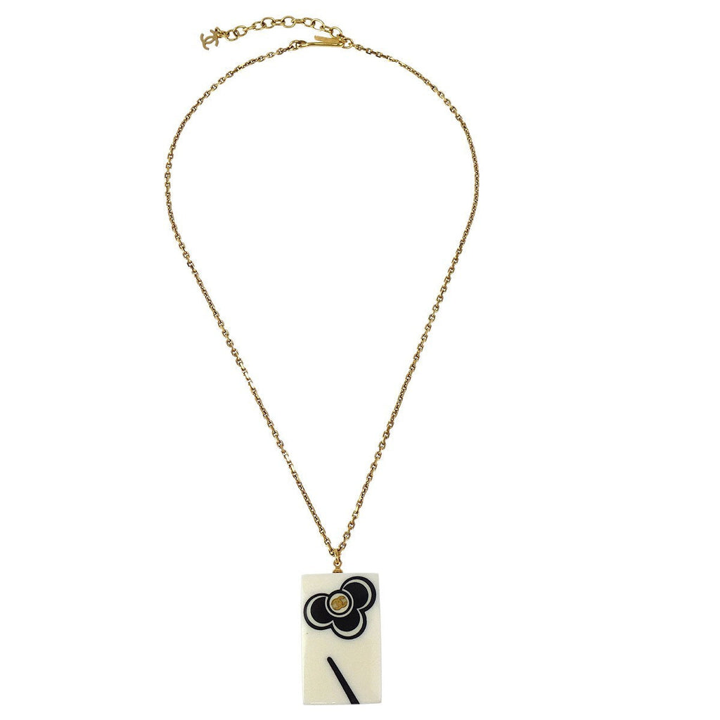 Chanel Vintage Cc Rectangular Pendant Necklace Metal And Resin Gold Gold_Plated Necklace Jewelry