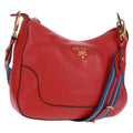 Prada Striped Strap Zip Hobo Vitello Daino Red Leather Shoulder Bag Bag