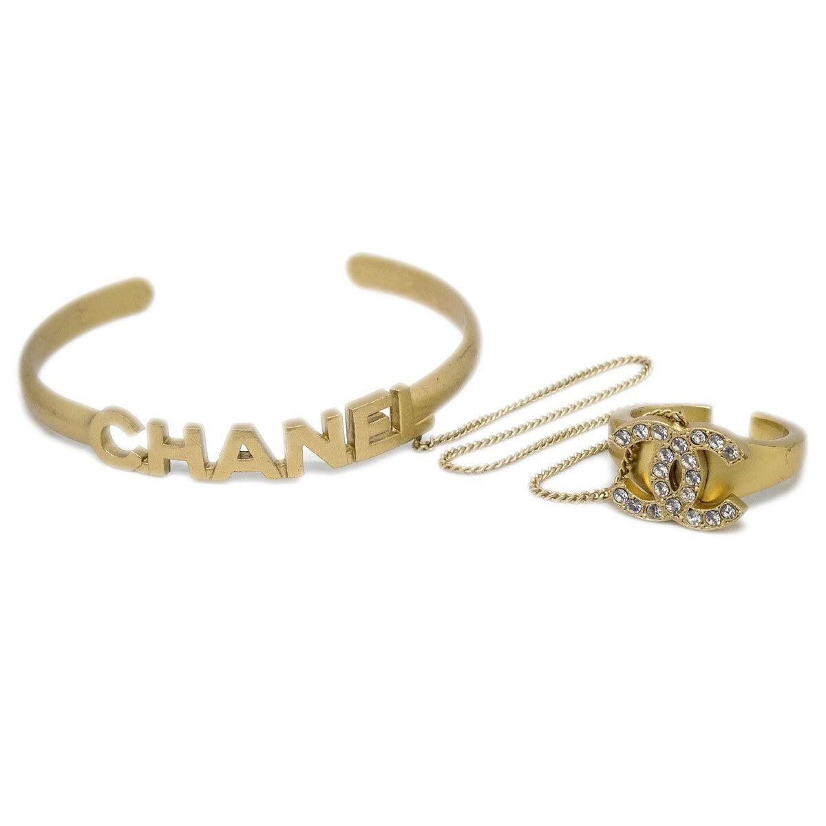 Chanel Logo Bangle With Chain Attached Cc Ring Metal With Crystal Gold Gold_Plated Bracelet Jewelry
