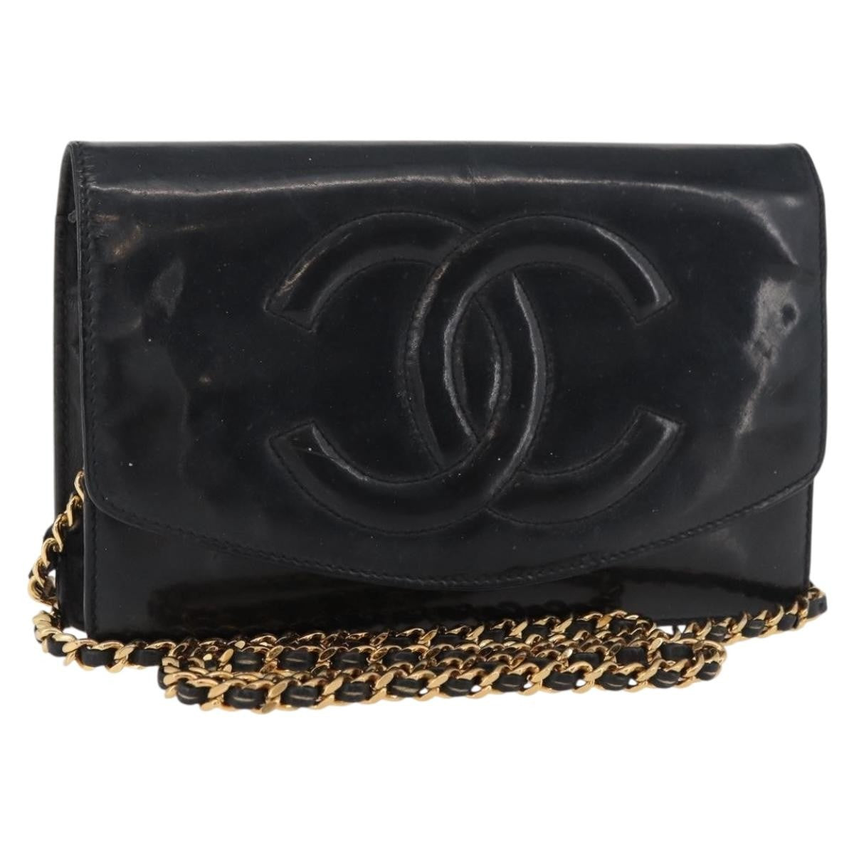 Chanel Vintage Cc Wallet On Chain Patent Black Patent_Leather Shoulder Bag Bag