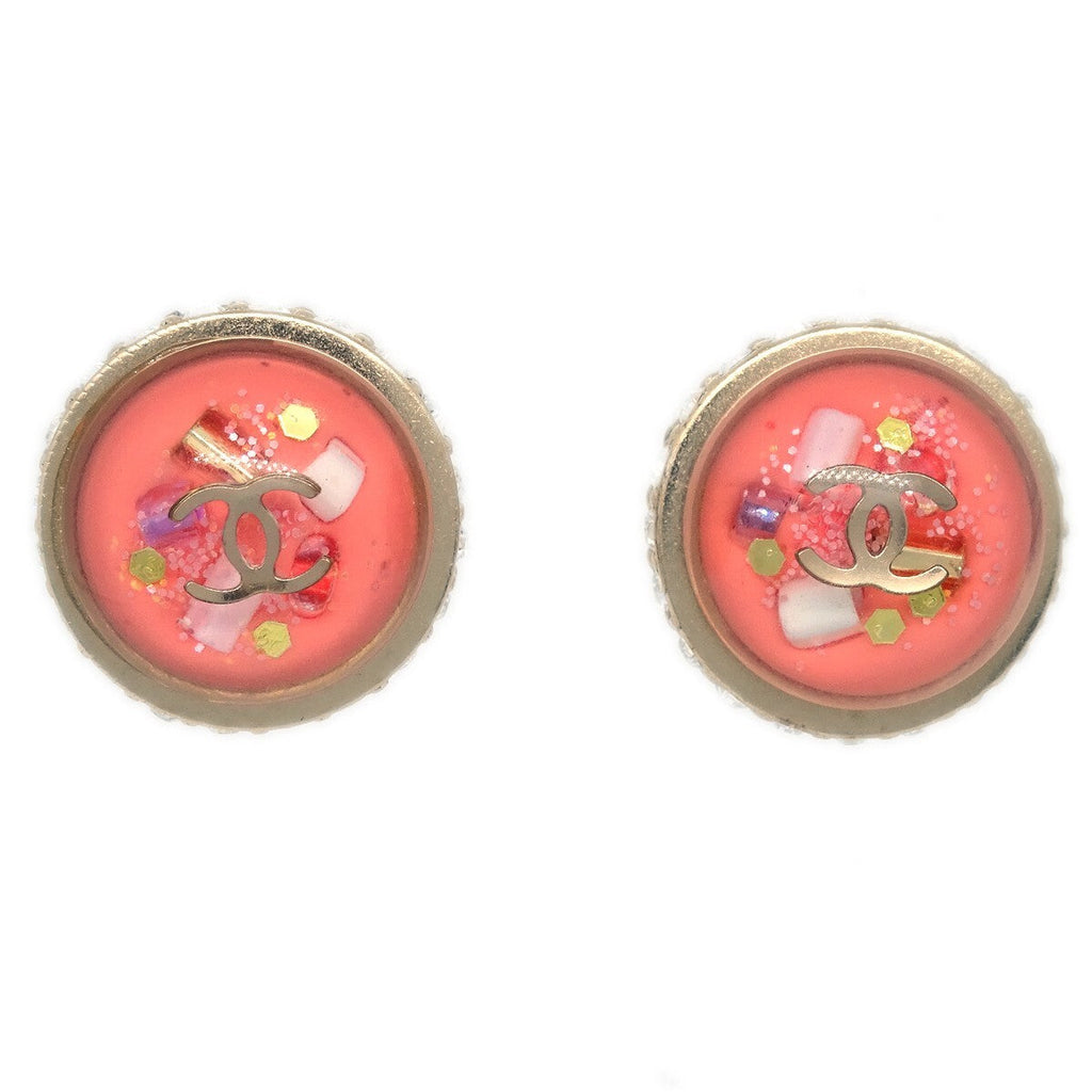 Chanel Cc Logo Button Stud Earrings Metal With Crystals Pink Plastic Earrings Jewelry