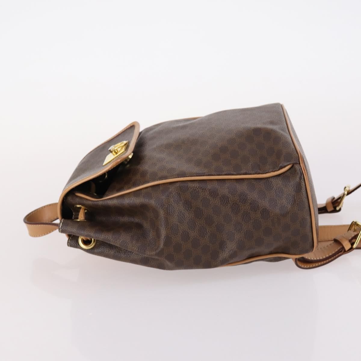 Celine Vintage Drawstring Flap Backpack Macadam Coated Canvas Brown Canvas Backpack Bag