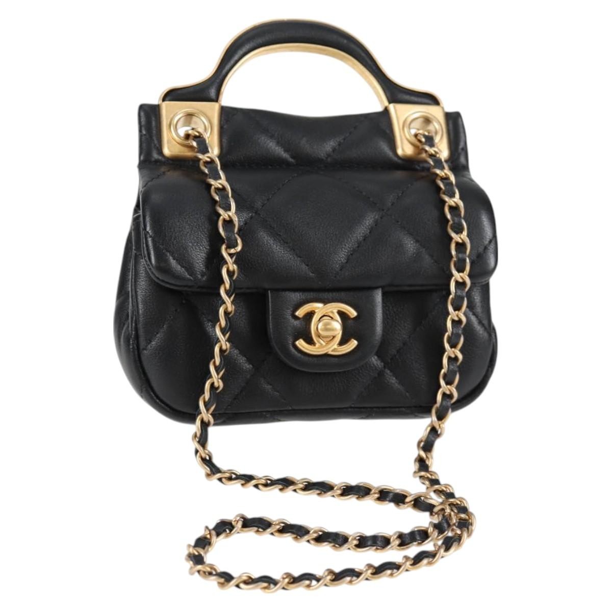 Chanel Lady Handle Flap Card Holder On Chain Quilted Calfskin Black Leather Bag