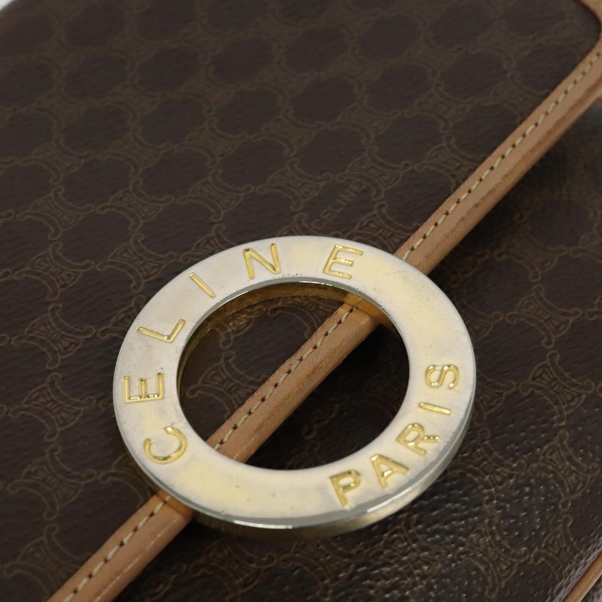 Celine Vintage Macadam Circle Logo Shoulder Bag Canvas And Leather Brown Pvc,Canvas Shoulder Bag Bag