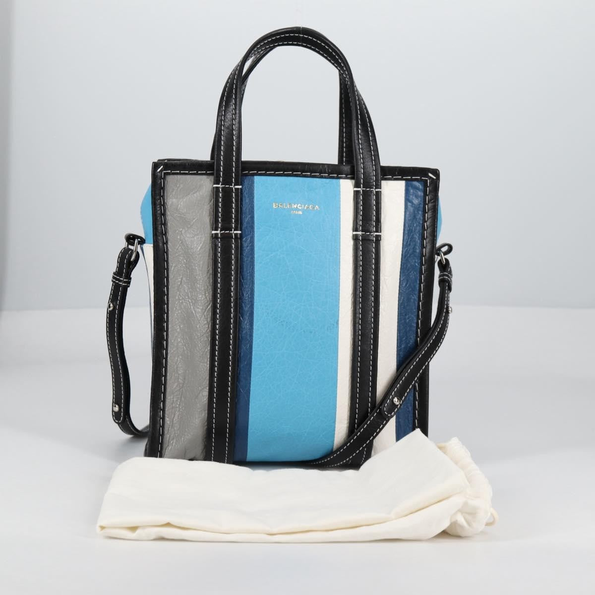 Balenciaga Bazar Convertible Tote Striped Leather Blue Leather Tote Bag