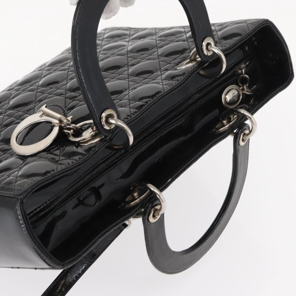 Christian Dior Lady Dior Bag Cannage Quilt Patent Black Patent_Leather Handbag (Pre-Owned)
