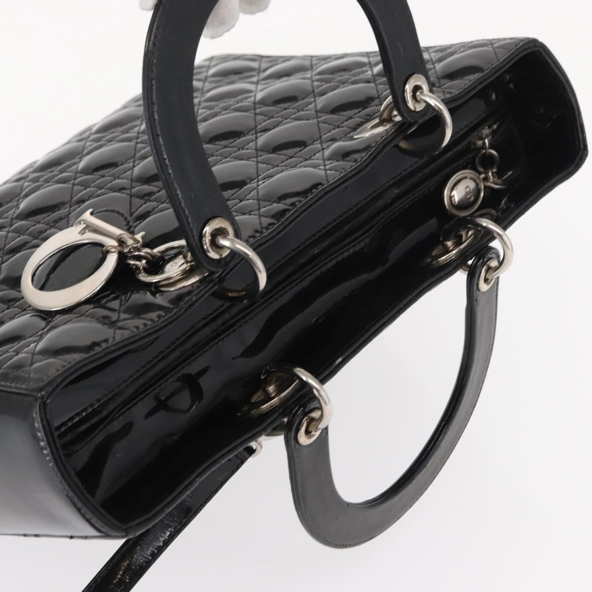 Christian Dior Lady Dior Bag Cannage Quilt Patent Black Patent_Leather Handbag (Pre-Owned)