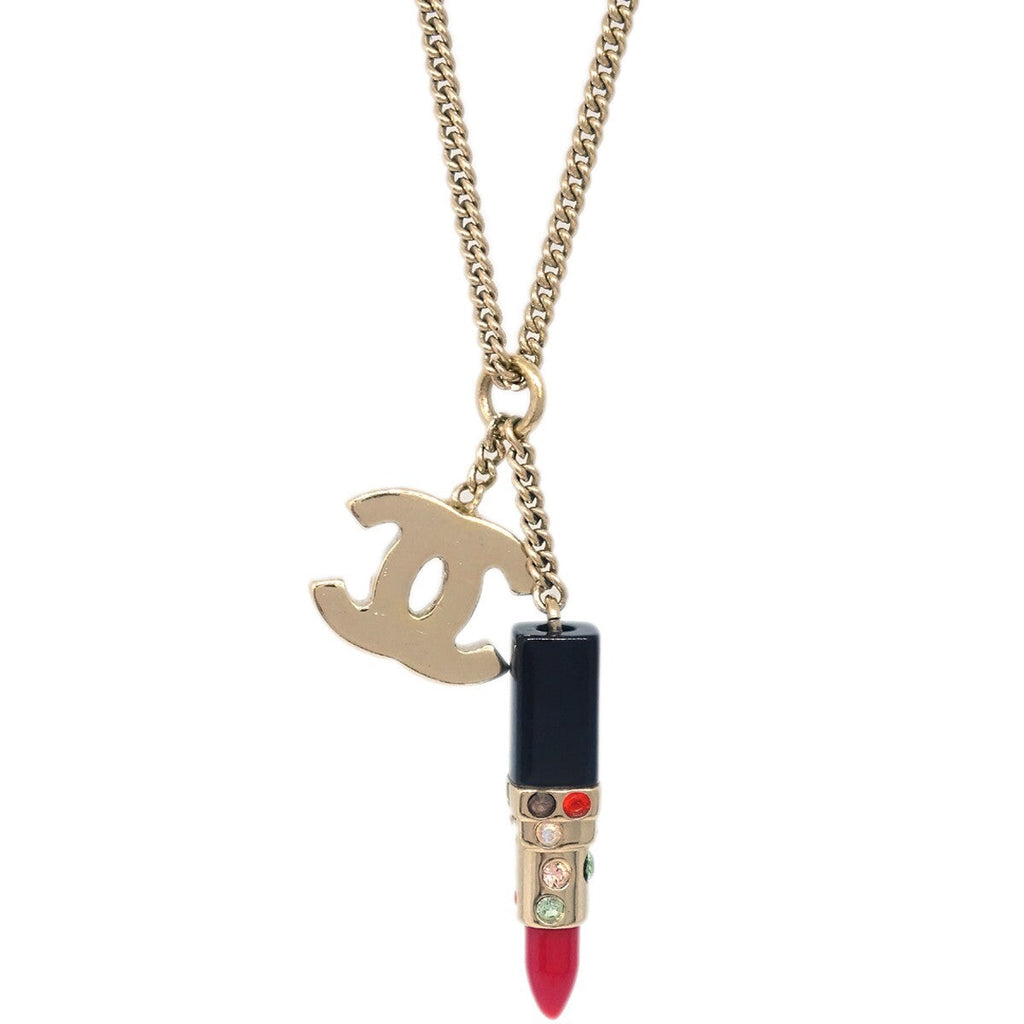 Chanel Cc Lipstick Charm Pendant Necklace Metal With Resin And Crystals Gold Metal Necklace Jewelry