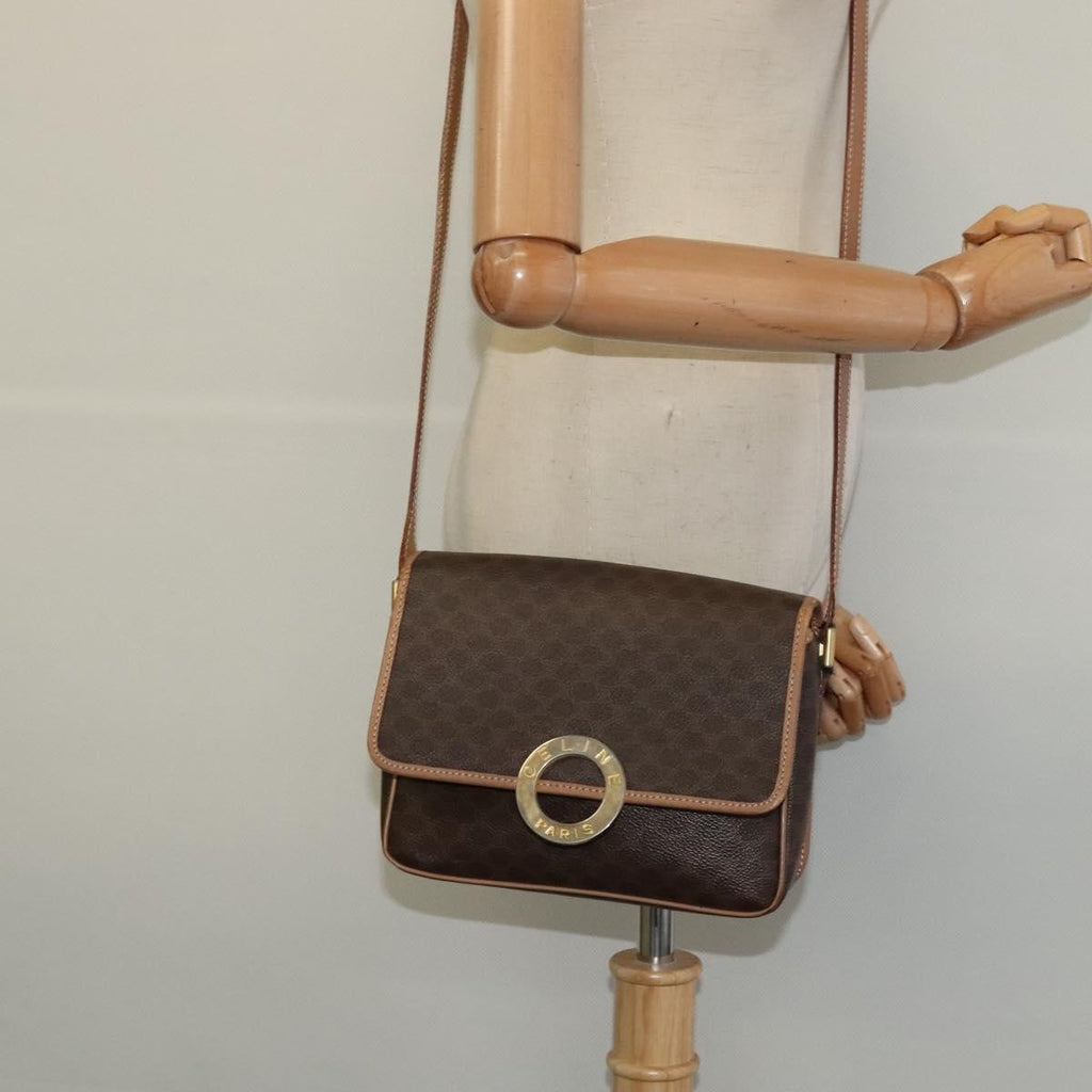 Celine Vintage Macadam Circle Logo Shoulder Bag Canvas And Leather Brown Canvas Shoulder Bag Bag