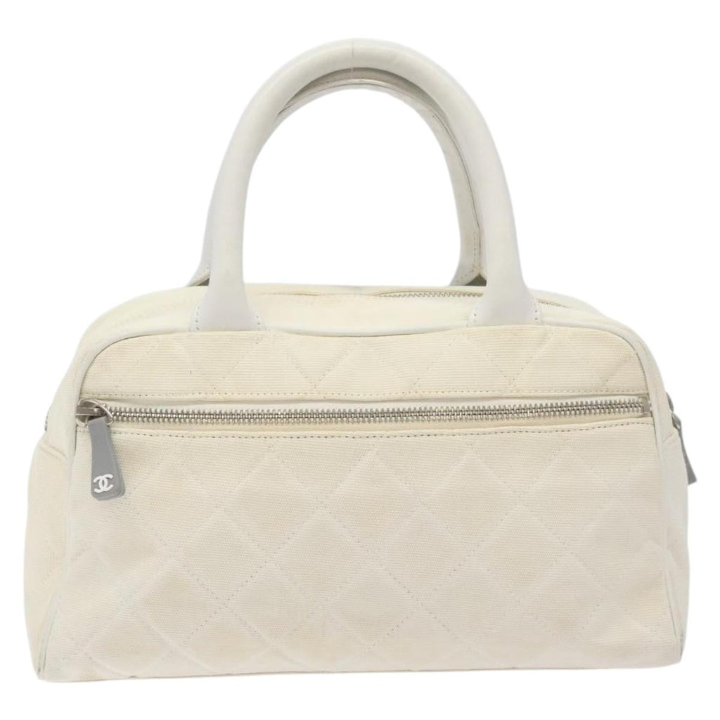 Chanel Vintage Logo Bowler Bag Quilted Canvas White Canvas Handbag