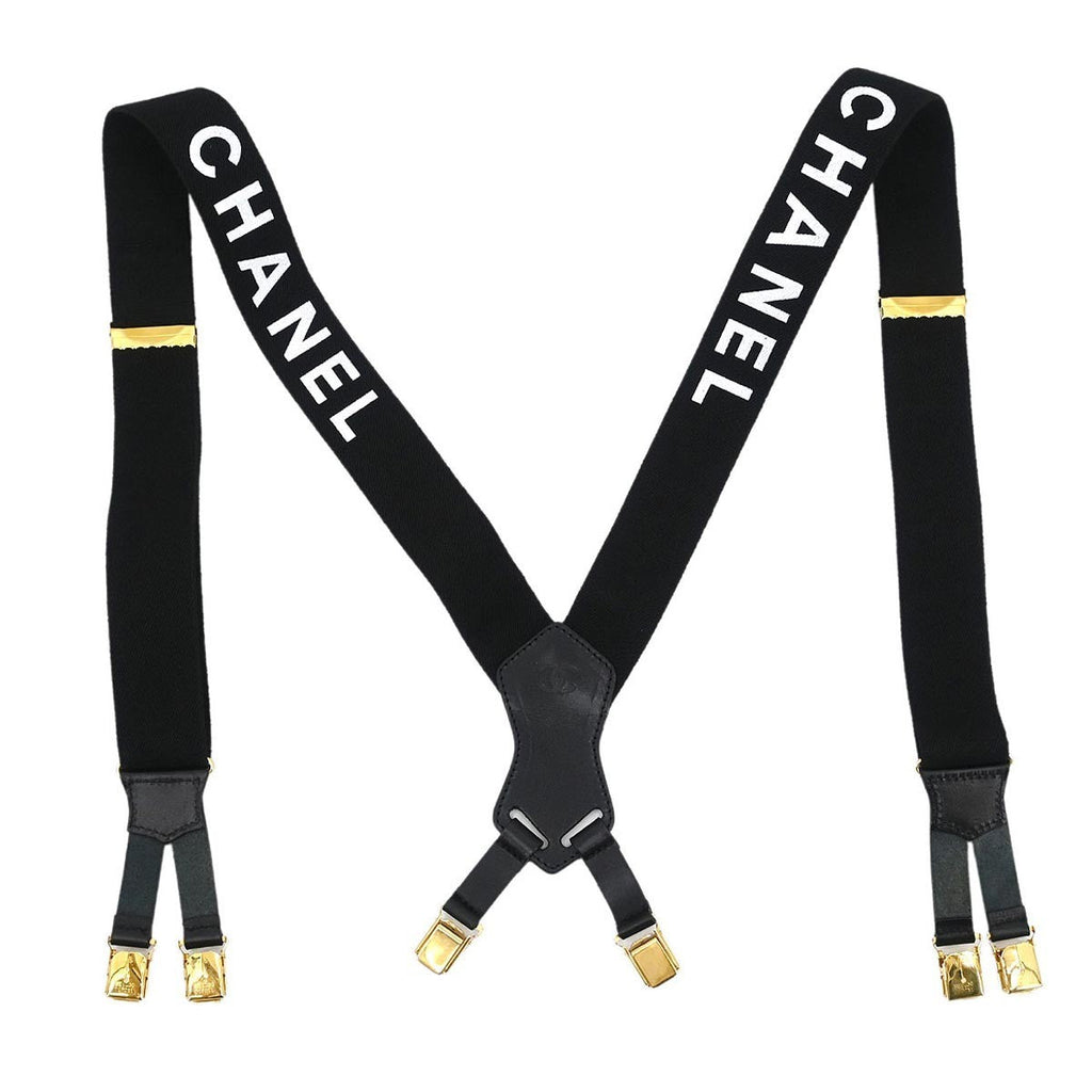 Chanel Logo Suspenders Canvas Black Canvas Belts Accessory