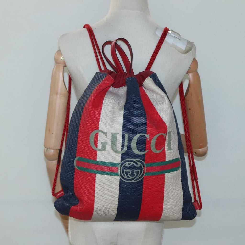Gucci Logo Drawstring Backpack Striped Canvas Multicolour Canvas Backpack Bag (Pre-Owned)
