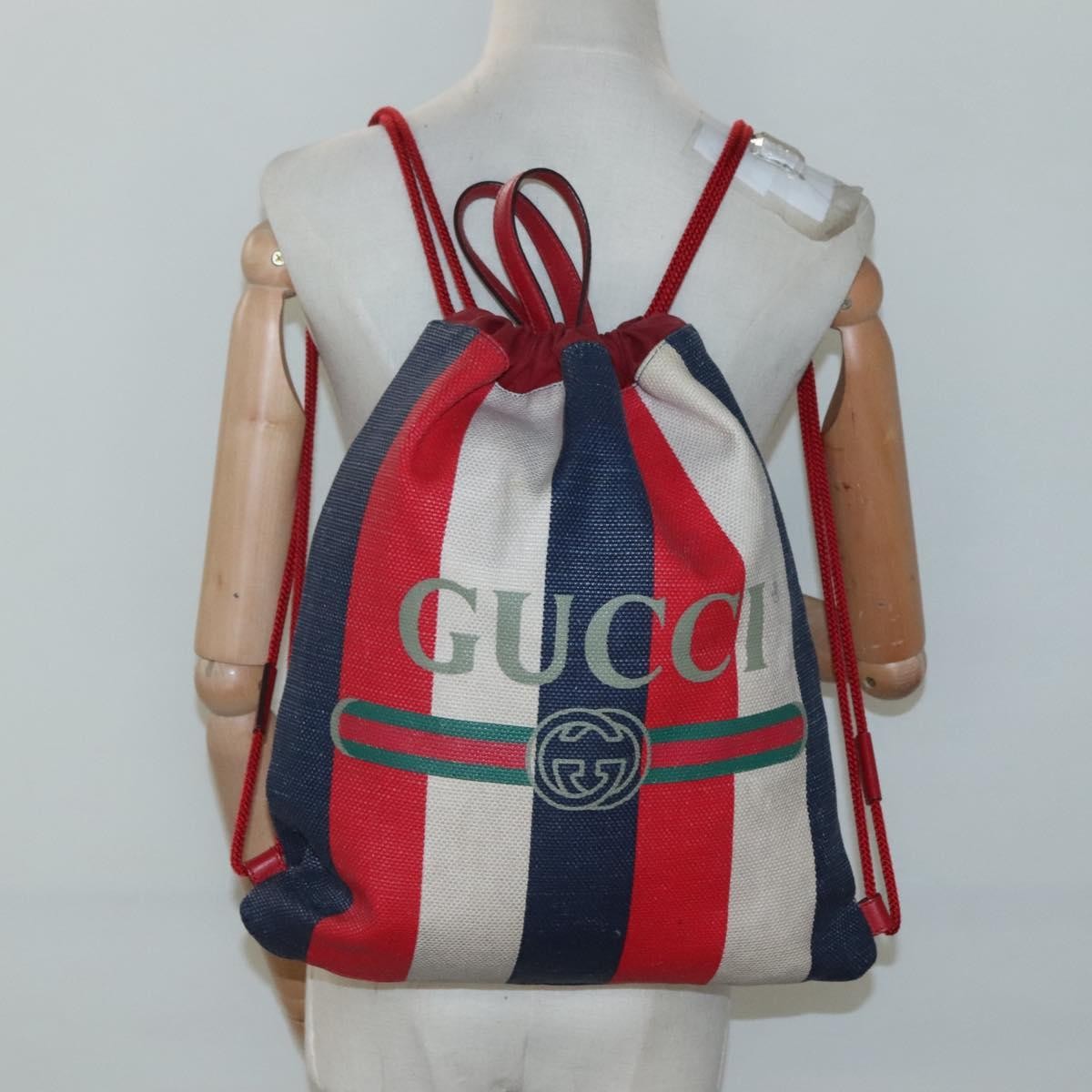 Gucci Logo Drawstring Backpack Striped Canvas Multicolour Canvas Backpack Bag (Pre-Owned)
