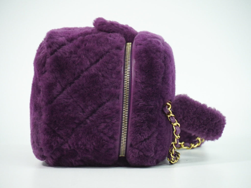 Chanel Coconing Top Handle Vanity Case With Chain Quilted Shearling Purple Faux_Fur Clutche & Pouche Bag