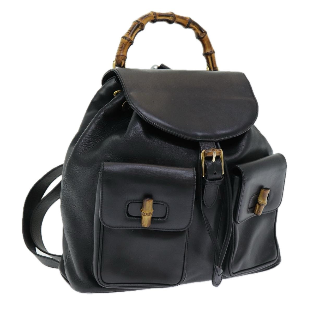 Gucci Vintage Bamboo Backpack Leather Black Leather Backpack Bag (Pre-Owned)
