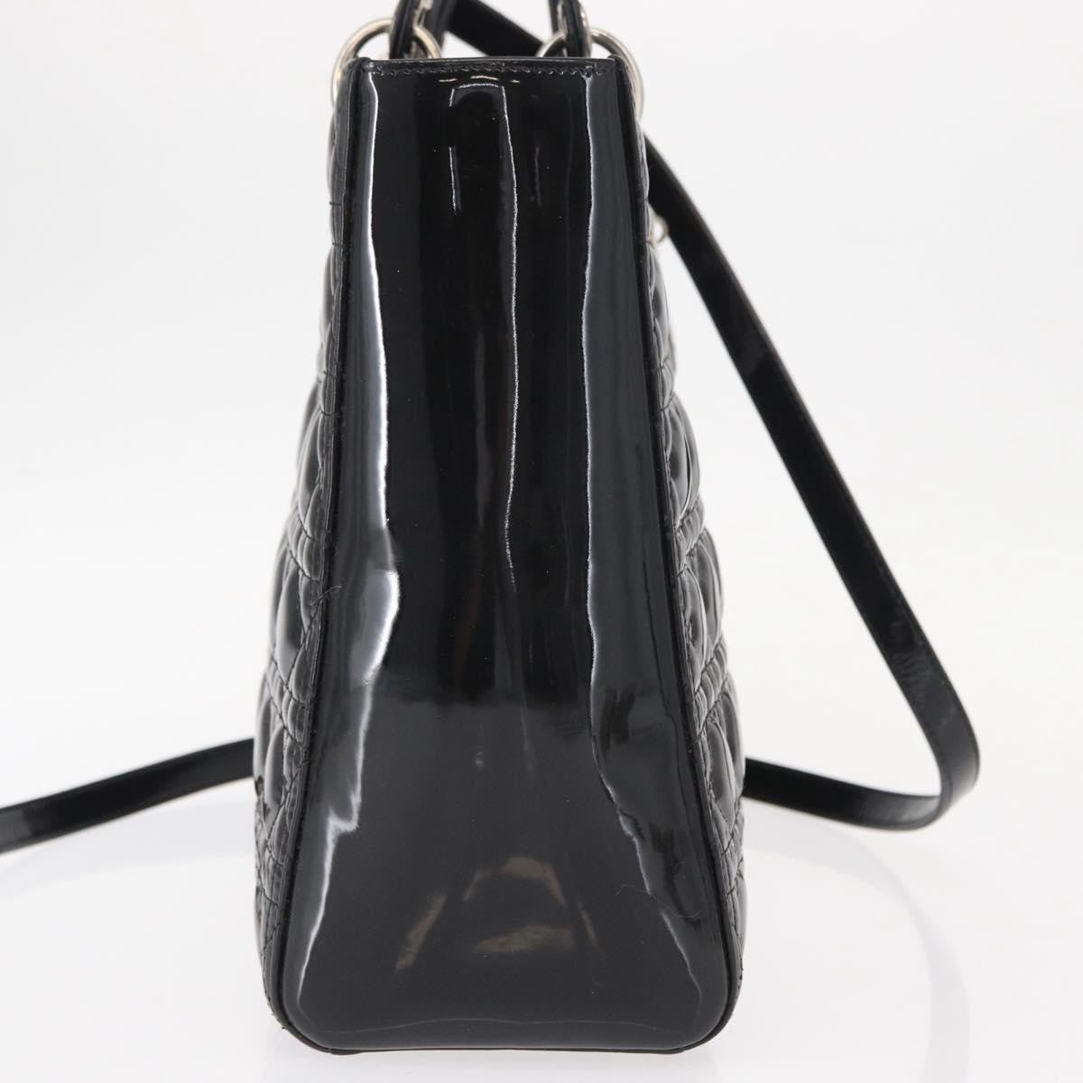 Christian Dior Lady Dior Bag Cannage Quilt Patent Black Patent_Leather Handbag (Pre-Owned)