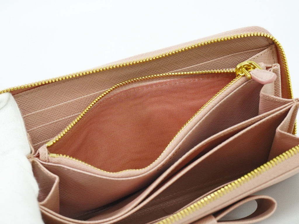Prada Bow Zip Around Wallet Saffiano Leather Pink Leather Wallets Accessory