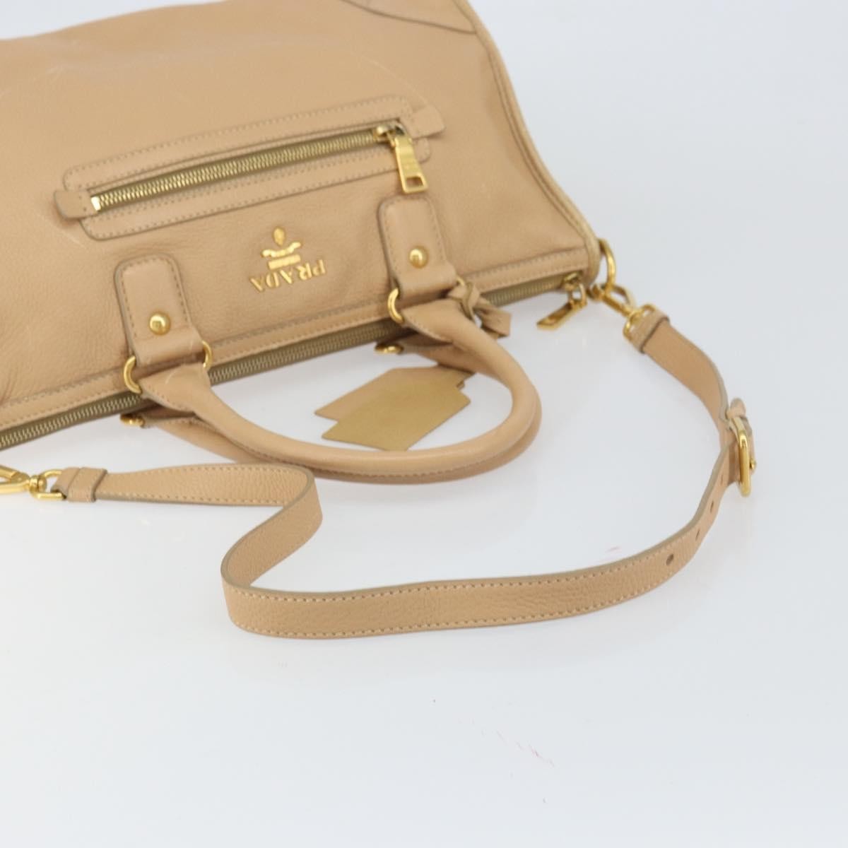 Prada Front Zip Convertible Satchel Cervo Leather Beige Leather Handbag