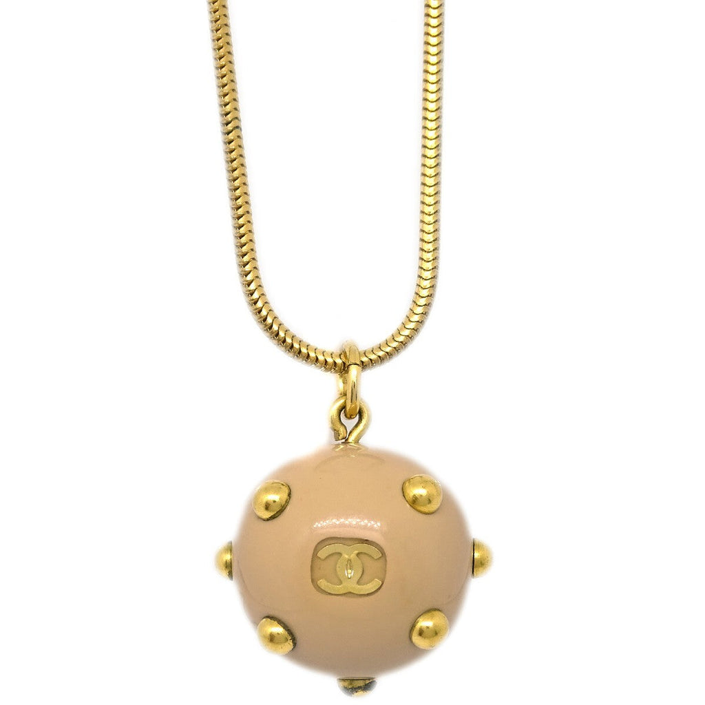 Chanel Vintage Cc Ball Pendant Necklace Metal And Enamel Beige Gold_Plated Necklace Jewelry