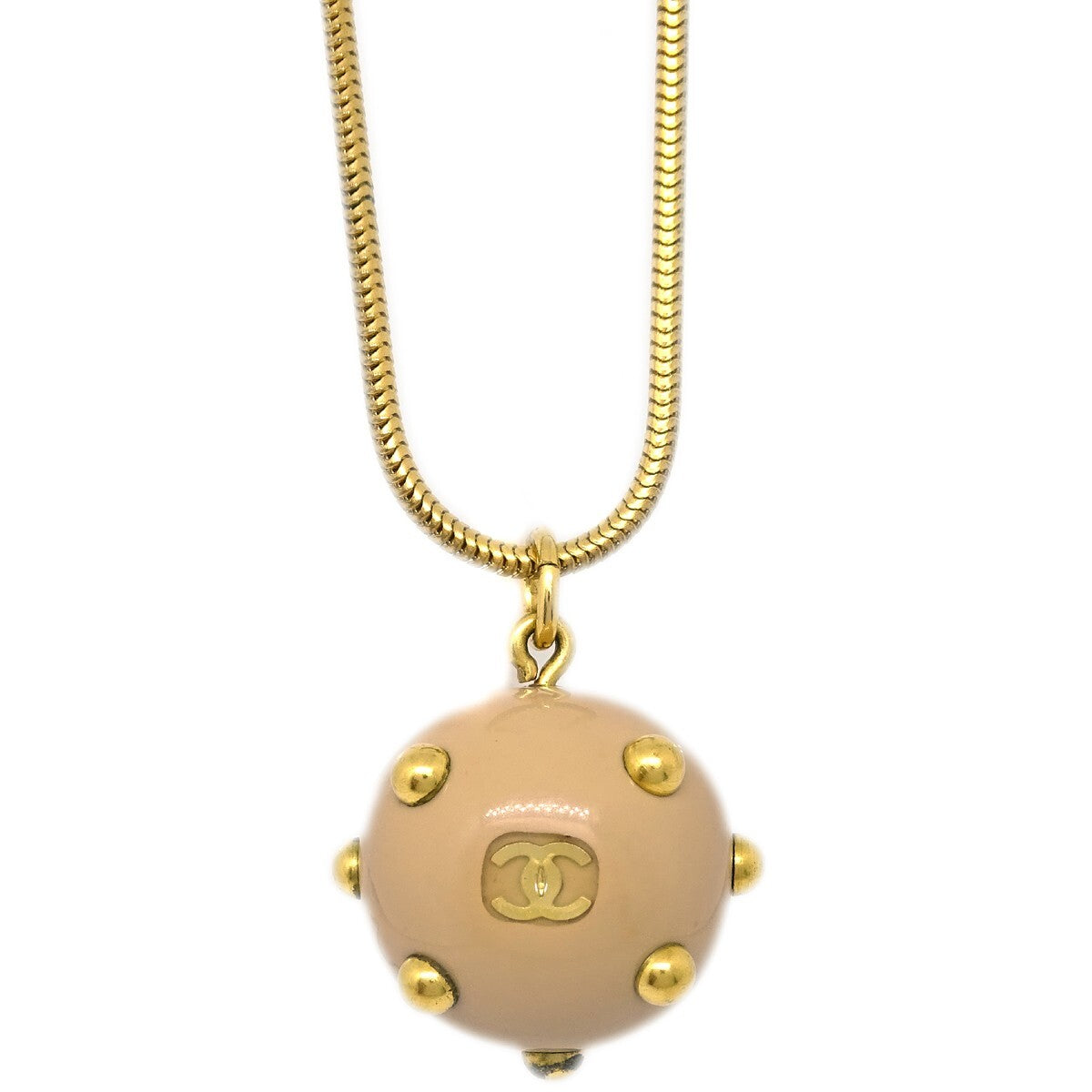 Chanel Vintage Cc Ball Pendant Necklace Metal And Enamel Beige Gold_Plated Necklace Jewelry