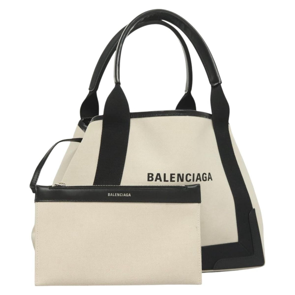 Balenciaga Navy Cabas Canvas With Leather White Canvas Tote Bag