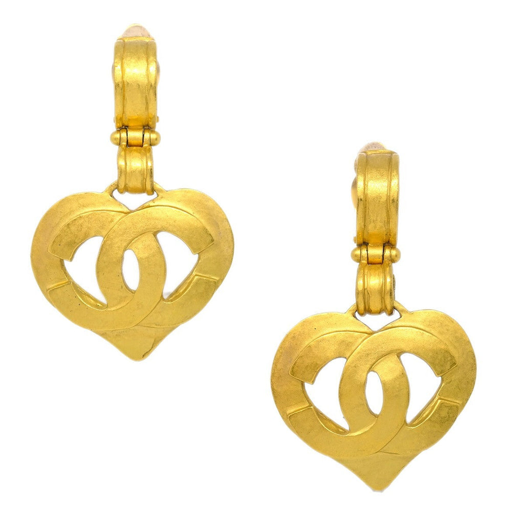 Chanel Vintage Cc Heart Cut Out Drop Clip-On Earrings Metal Gold Gold_Plated Earrings Jewelry