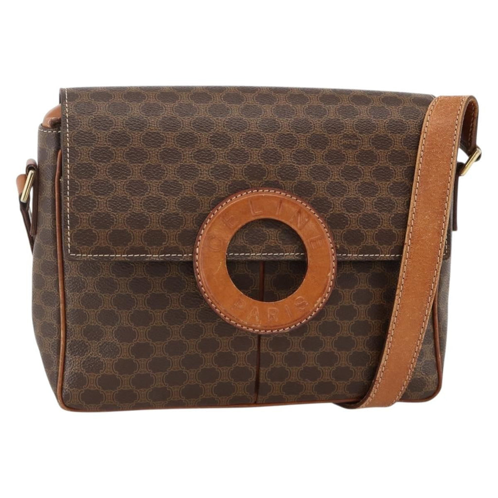 Celine Vintage Macadam Circle Logo Shoulder Bag Canvas And Leather Brown Canvas Shoulder Bag Bag
