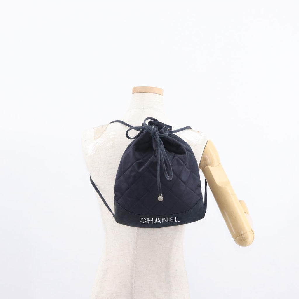 Chanel Vintage Drawstring Backpack Quilted Satin With Suede Navy Satin Backpack Bag