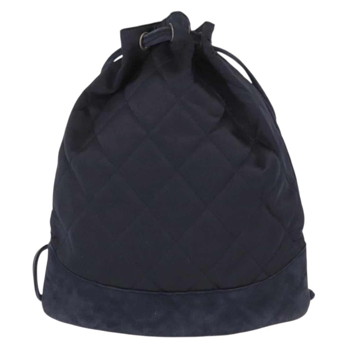 Chanel Vintage Drawstring Backpack Quilted Satin With Suede Navy Satin Backpack Bag