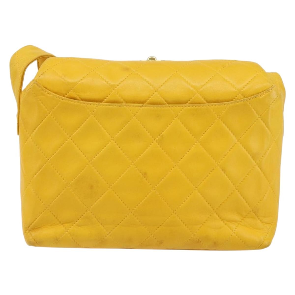 Chanel Vintage Cc Fold Over Shoulder Bag Quilted Lambskin Yellow Leather Shoulder Bag Bag
